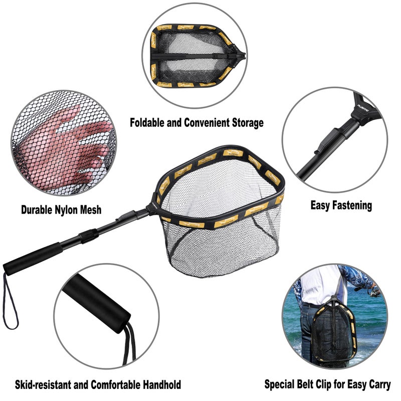 PLUSINNO Floating Fishing Net for Steelhead, Salmon, Fly, Kayak, Catfish, Bass, Trout Fishing, Rubber Coated Foldable Landing Net with Fixed or Telescoping Pole Handle, Fishing Gear and Gifts for Men - Image 4